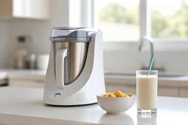 Sleek baby food maker with healthy food and drink.